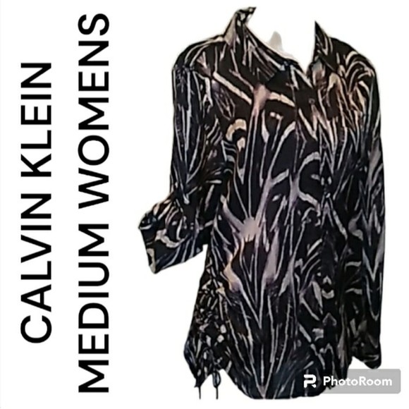 CALVIN KLEIN BLOUSE TOP RUCHED SIDES BUTTON UP SLEEVE ANIMAL PRINT - Picture 1 of 10